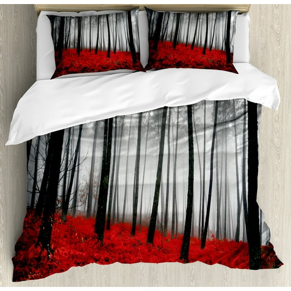 Ambesonne Forest Duvet Cover Set, Foggy Woodland, 2-Calking, Pale Grey Black and Red