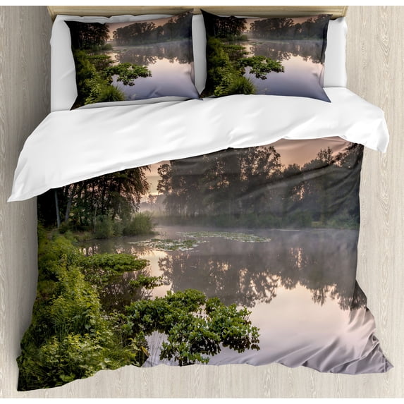 Ambesonne Forest Duvet Cover Set, Lake Natura Netherlands, Queen, Green Purplegrey