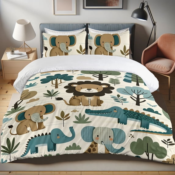 Ambesonne Forest Duvet Cover Set, Leafy Trees Jungle Animals, King, Petrol Blue Grey Yellow