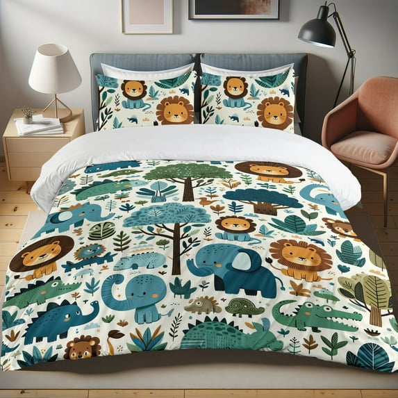 Ambesonne Forest Duvet Cover Set, Lion Elephant Crocodiles Art, Calking, Sea Blue Jade Green Amber