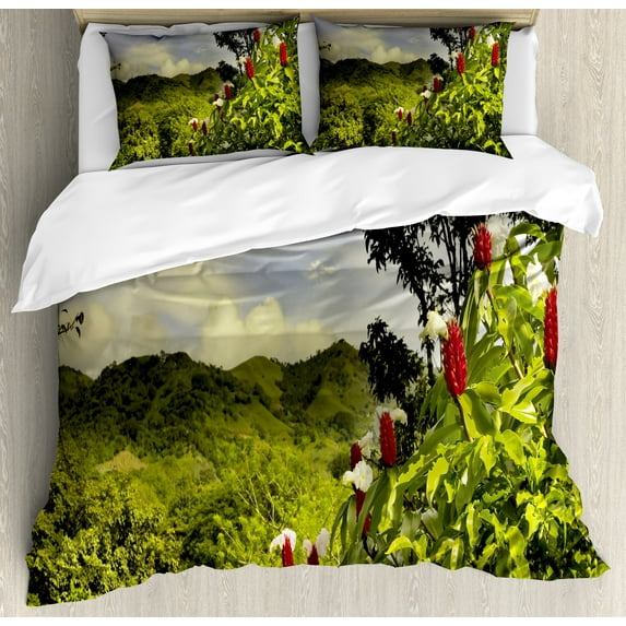 Ambesonne Forest Duvet Cover Set, Rural Scenery Costa Rica, Queen, Green Red Violet Blue