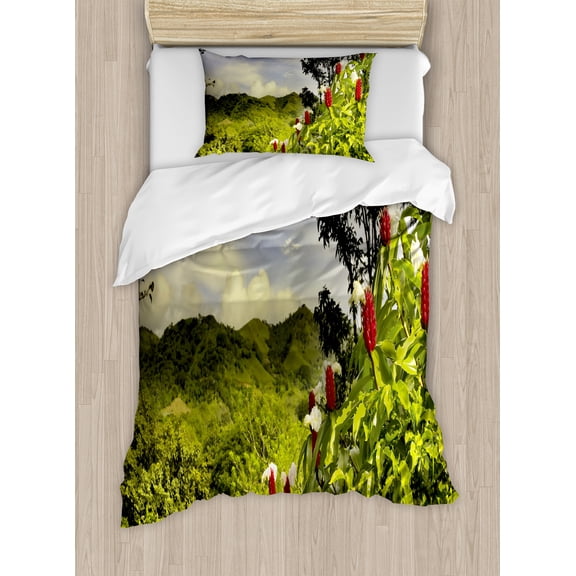 Ambesonne Forest Duvet Cover Set, Rural Scenery Costa Rica, Twin, Green Red Violet Blue