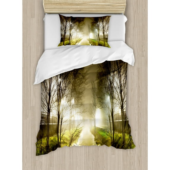 Ambesonne Forest Duvet Cover Set, Water Channel Foggy City, Twin, White Green Brown