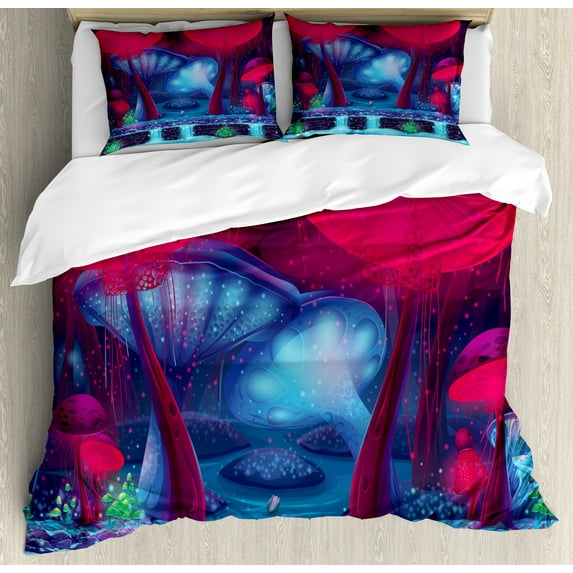 Ambesonne Forest Duvet Cover Sets, Mushrooms Vibrant Colors, 2-King, Blue Red