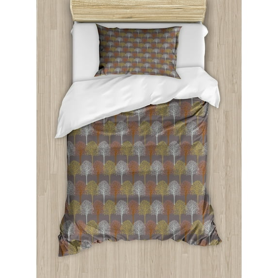 Ambesonne Forest Duvet Cover Sets, Pastel Art Woodland Trees, 2-Twin, Pale Chocolate and Multicolor