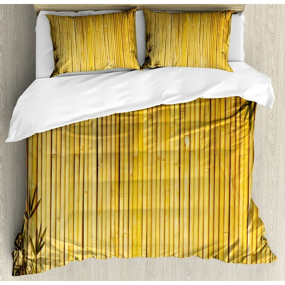 Ambesonne Forest Duvet Cover Sets, Simple Oriental Nature Leaf, 2-King, Yellow Mustard