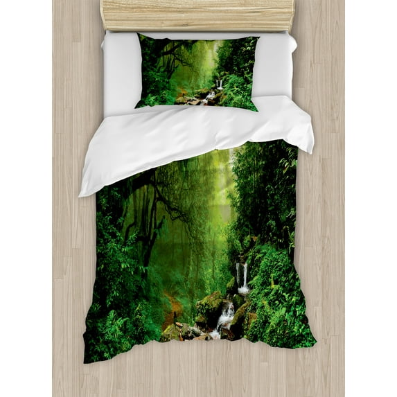 Ambesonne Forest Duvet Cover Sets, Spring in Nepal Footpath, 2-Twin, Green Brown