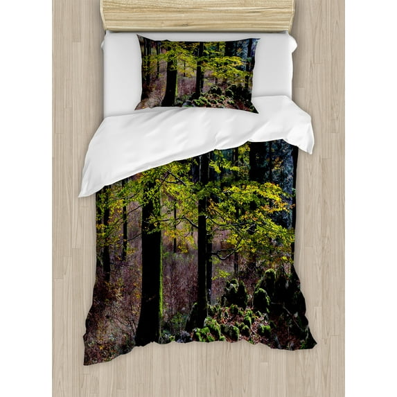 Ambesonne Forest Duvet Cover Sets, Trees Autumn Wilderness, 2-Twin, Green Pale Pink