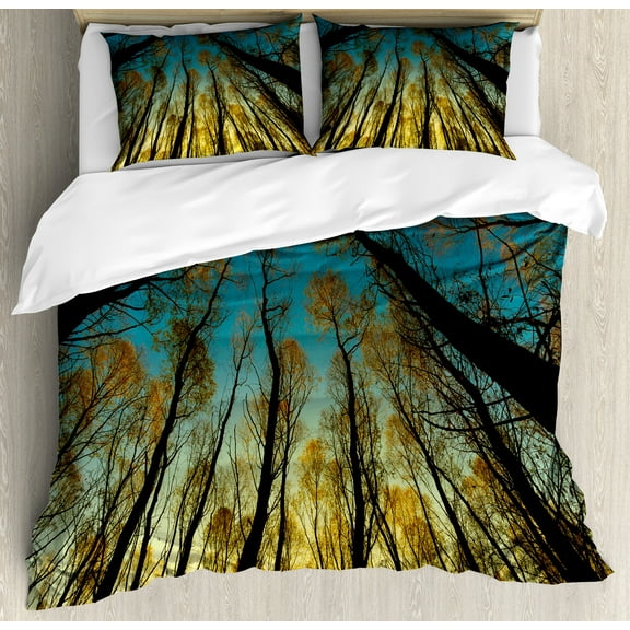Ambesonne Forest Duvet Cover Sets, Trees Sunrise Pastoral, 2-King, Yellow Blue Black