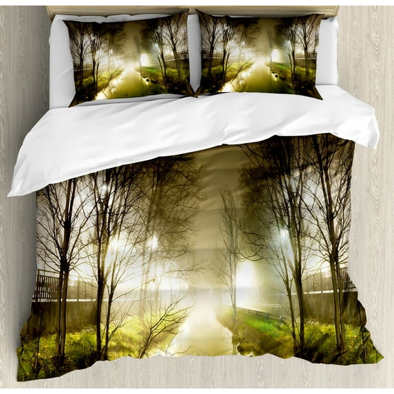 Ambesonne Forest Duvet Cover Sets, Water Channel Foggy City, 2-King, White Green Brown