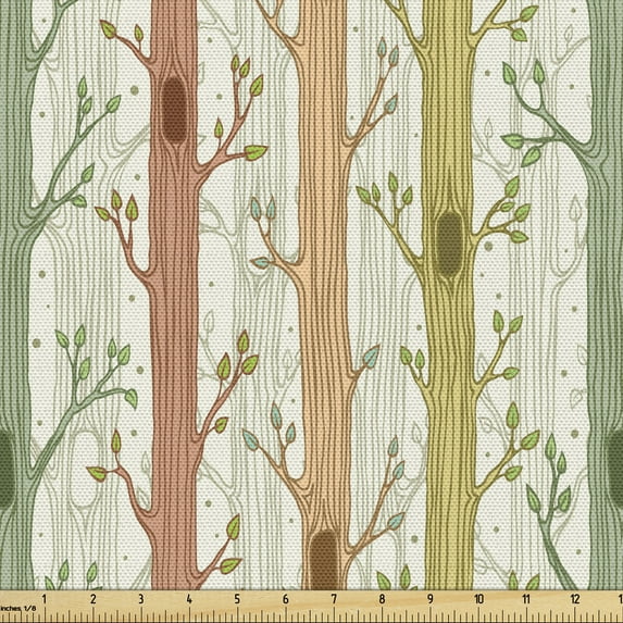Ambesonne Forest Fabric by the Yard Upholstery, Bird Nest Trees Leaves Art, 2 Yards, Ivory and Multicolor