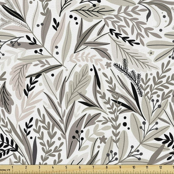 Ambesonne Forest Fabric by the Yard Upholstery, Botanical Wild Foliage Herbs, 3 Yards, Warm Taupe Dust and White