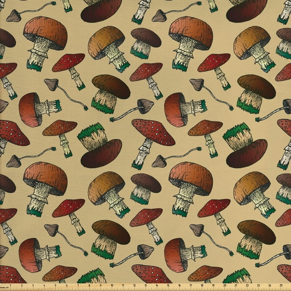 Ambesonne Forest Fabric by the Yard Upholstery, Graphical Woodland Mushrooms, 10 Yards, Pale Camel Multicolor