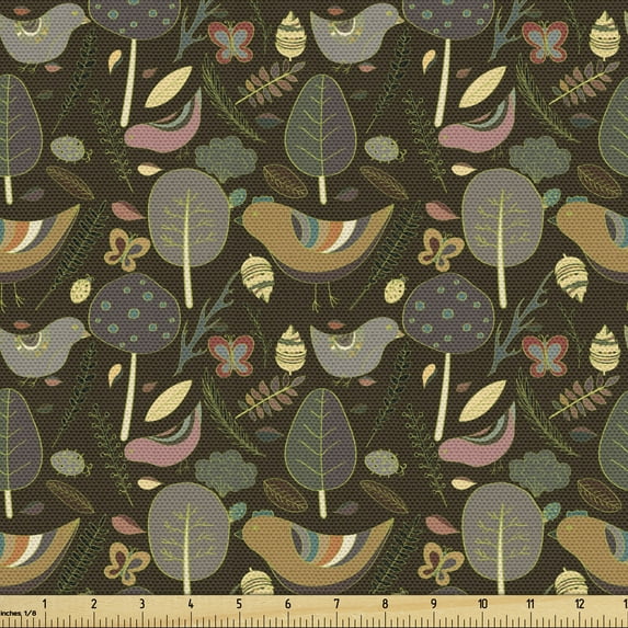 Ambesonne Forest Fabric by the Yard Upholstery, Wild Woodland Trees Birds, 1 Yard, Green Brown Grey