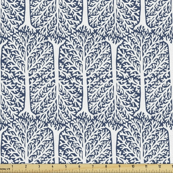 Ambesonne Forest Fabric by the Yard Upholstery, Winter Trees Woodland Plant, 1 Yard, Slate Blue and White