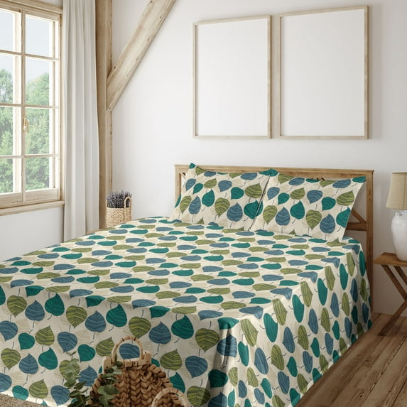 Ambesonne Forest Fitted & Flat Sheet with Shams 4 Pcs Set, Autumn Neutral Colors Art, King, Jade Green Pale Khaki