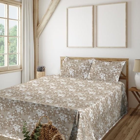 Ambesonne Forest Fitted & Flat Sheet with Shams 4 Pcs Set, Muted Colors Flowers Pattern, Queen, Dark Tan and White