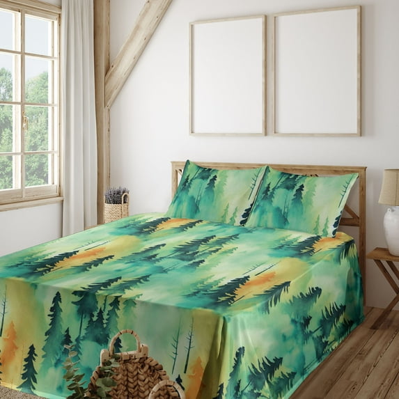 Ambesonne Forest Fitted & Flat Sheet with Shams 4 Pcs Set, Vintage Jungle Landscape Art, Queen, Fern Green and Laurel Green