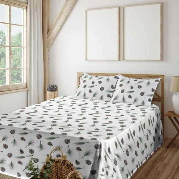 Ambesonne Forest Fitted & Flat Sheet with Shams 4 Pcs Set, Winter Pine Tree Leaf Print, Full, Fern Green and Pale Grey
