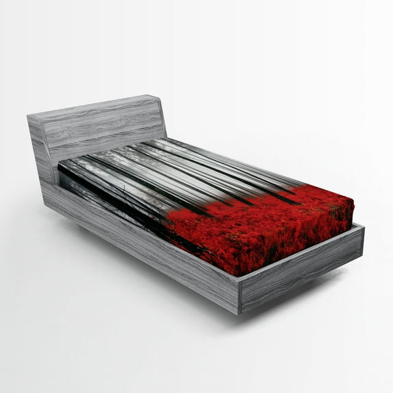 Ambesonne Forest Fitted Sheet 2 Pcs Set, Foggy Woodland, Twin XL, Pale Grey Black and Red