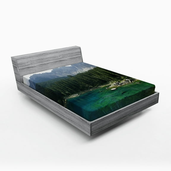 Ambesonne Forest Fitted Sheet, Aerial View Pines Lake, Full Size, Dark Green Jade Green