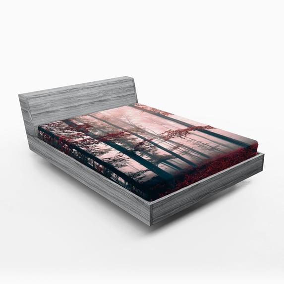 Ambesonne Forest Fitted Sheet, Autumn Fall Nature Woods, Full Size, Brown Grey and Red