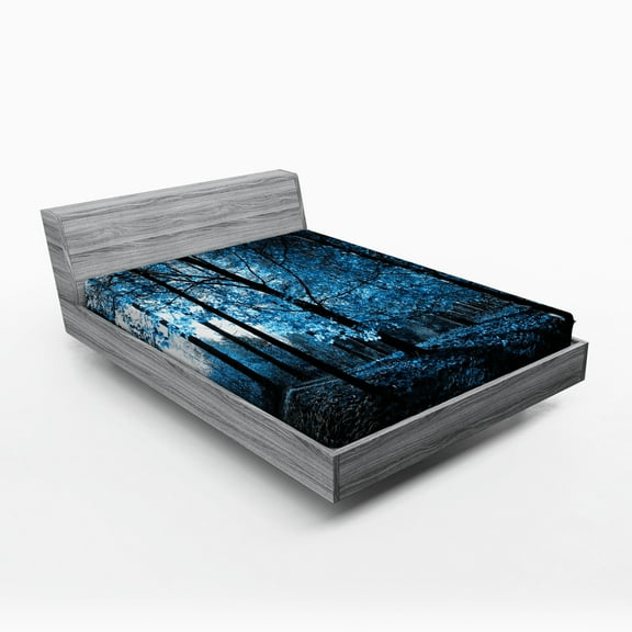 Ambesonne Forest Fitted Sheet, Autumn Woodland, Queen Size, Blue Black