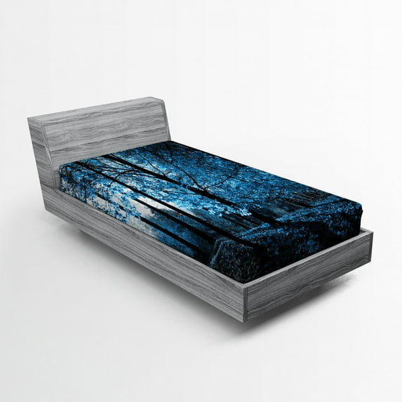 Ambesonne Forest Fitted Sheet, Autumn Woodland, Twin Size, Blue Black