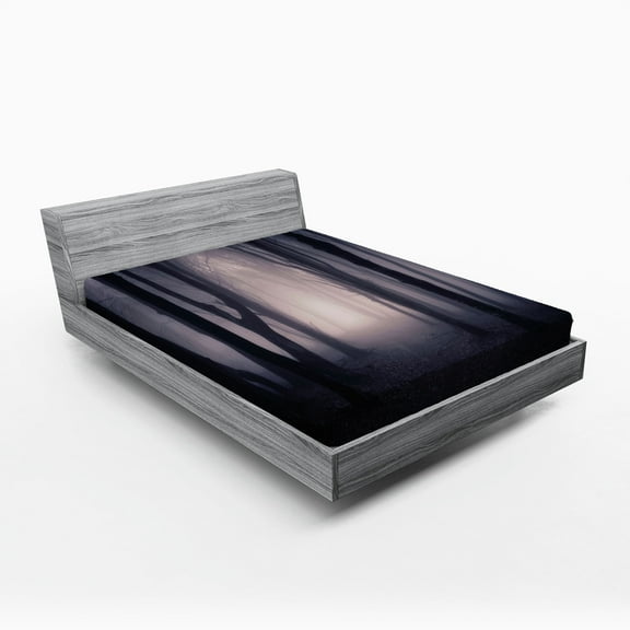 Ambesonne Forest Fitted Sheet, Deep in Spooky Jungle, King Size, Dark Grey Purple