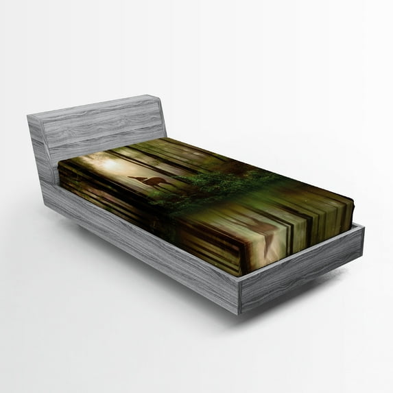 Ambesonne Forest Fitted Sheet, Deer Foggy Lake, Twin Size, Fern Green Brown Cocoa