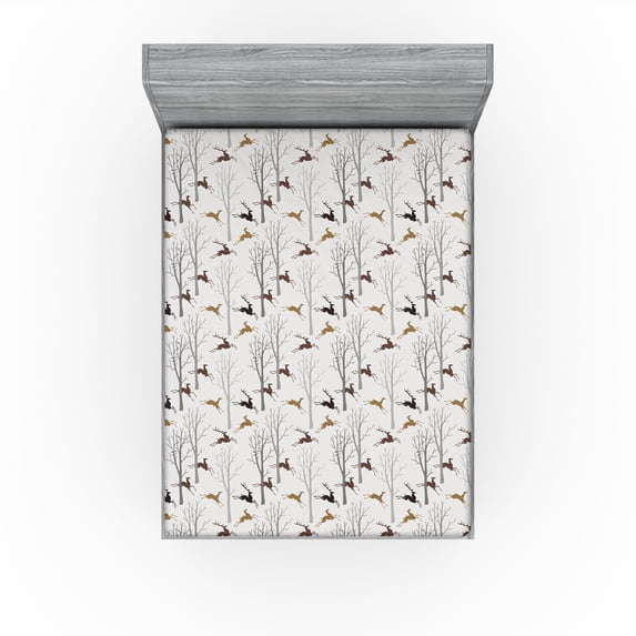 Ambesonne Forest Fitted Sheet, Earthy Colors Deer Trees Art, King Size, Brown Eggshell and Pale Grey