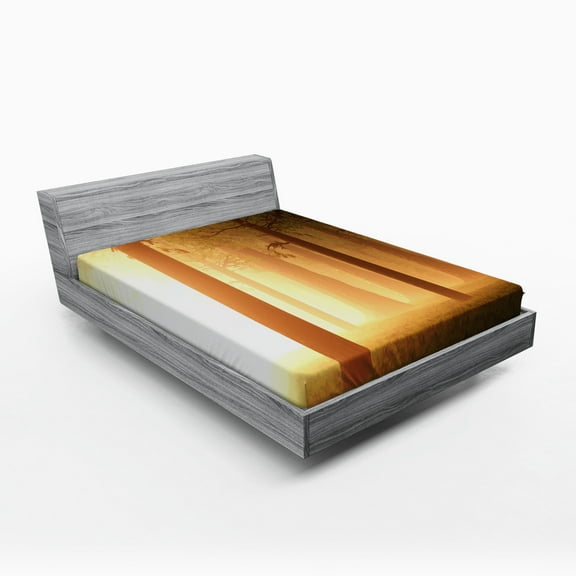Ambesonne Forest Fitted Sheet, Foggy Woodland, Full Size, Tan
