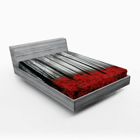 Ambesonne Forest Fitted Sheet, Foggy Woodland, Queen Size, Pale Grey Black and Red
