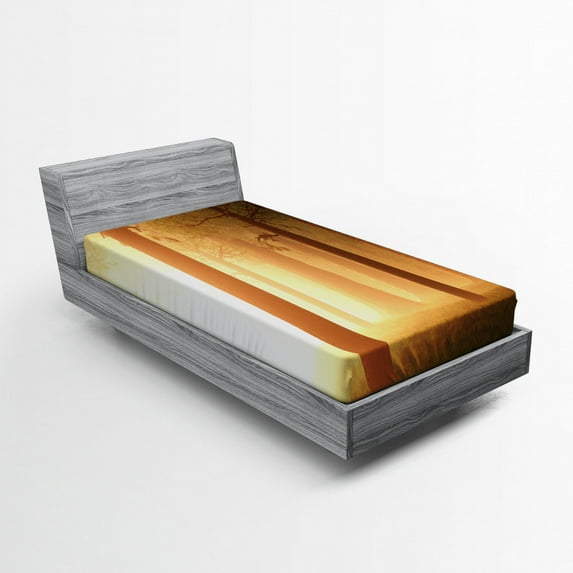 Ambesonne Forest Fitted Sheet, Foggy Woodland, Twin Size, Tan