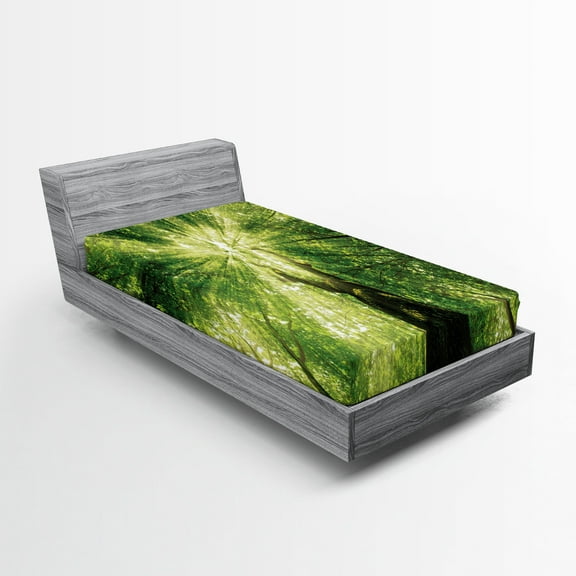 Ambesonne Forest Fitted Sheet, Green Spring Brunches Sun, Twin XL Size, Green and Dark Green
