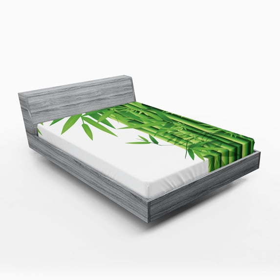 Ambesonne Forest Fitted Sheet, Japanese Tree Leaf Artwork, Queen Size, White and Green