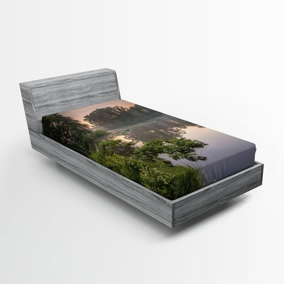Ambesonne Forest Fitted Sheet, Lake Natura Netherlands, Twin Size, Green Purplegrey