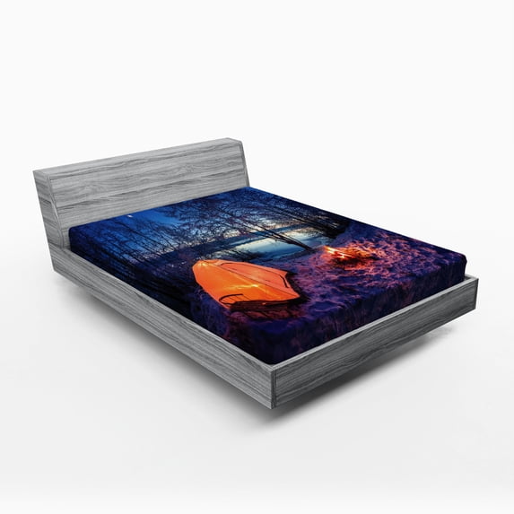 Ambesonne Forest Fitted Sheet, Night Camping Adventure, Full Size, Blue Orange
