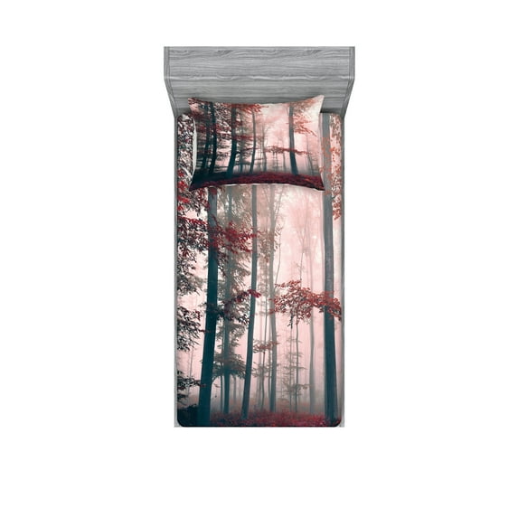 Ambesonne Forest Fitted Sheet & Pillow Sham Set, Autumn Fall Nature Woods, Twin, Brown Grey and Red
