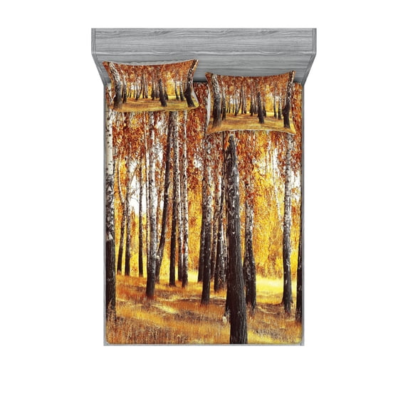 Ambesonne Forest Fitted Sheet & Pillow Sham Set, Autumn Leaves Design, Full, Orange Brown