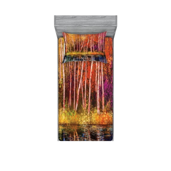 Ambesonne Forest Fitted Sheet & Pillow Sham Set, Autumn Trees by Lake, Twinxl, Grink Purple