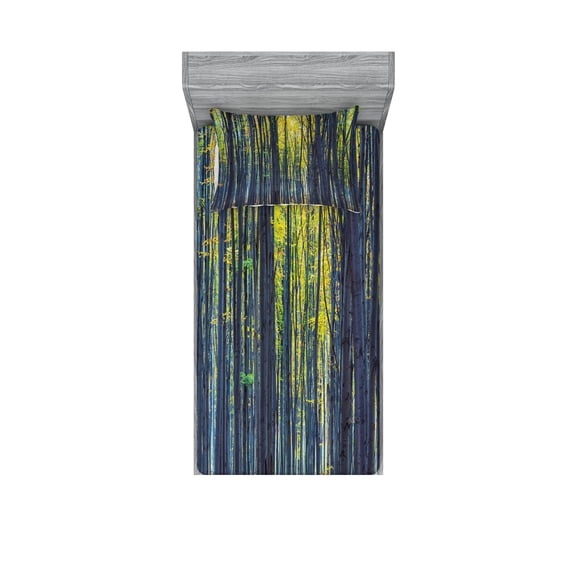 Ambesonne Forest Fitted Sheet & Pillow Sham Set, Autumn Woodland Nature, Twin, Grey Green