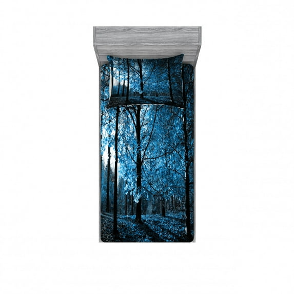 Ambesonne Forest Fitted Sheet & Pillow Sham Set, Autumn Woodland, Twinxl, Blue Black