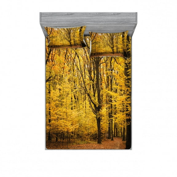 Ambesonne Forest Fitted Sheet & Pillow Sham Set, Autumn in Nature Theme, Full, Yellow Brown