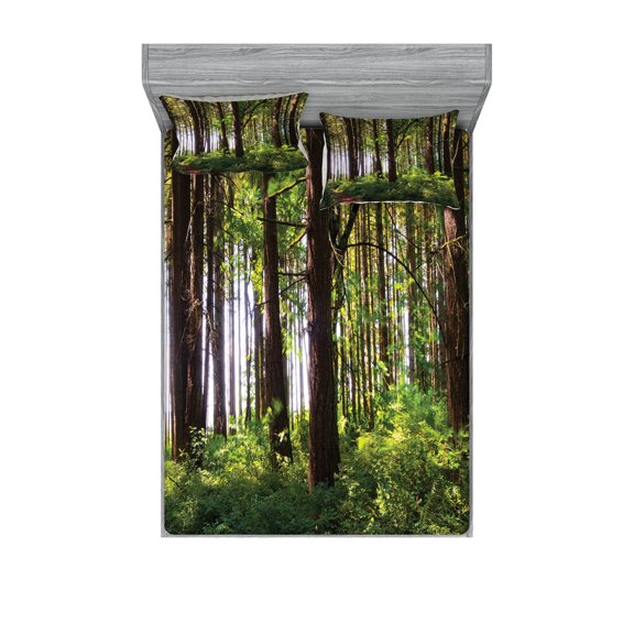 Ambesonne Forest Fitted Sheet & Pillow Sham Set, Bushes and Thick Trunks, Queen, Green Brown