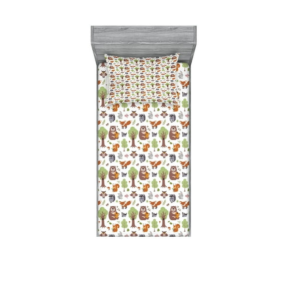 Ambesonne Forest Fitted Sheet & Pillow Sham Set, Doodle Woodland Animals, Twinxl, Multicolor
