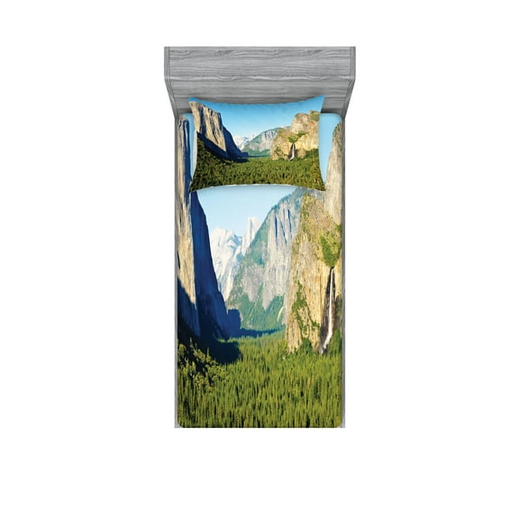 Ambesonne Forest Fitted Sheet & Pillow Sham Set, El Captain Scenery USA, Twinxl, Green Blue