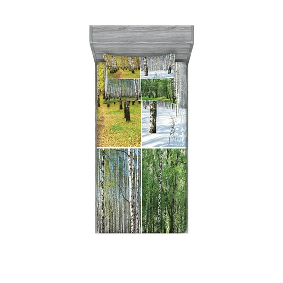 Ambesonne Forest Fitted Sheet & Pillow Sham Set, Fall Winter Birch Tree, Twin, Green White