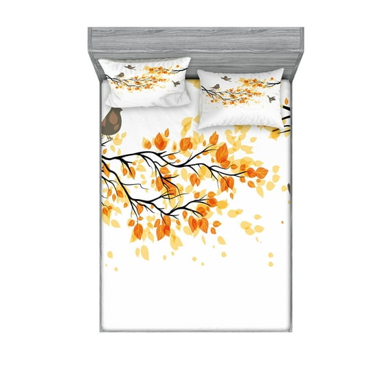 Ambesonne Forest Fitted Sheet & Pillow Sham Set, Flying Birds and Leaves, Full, Yellow and Cream