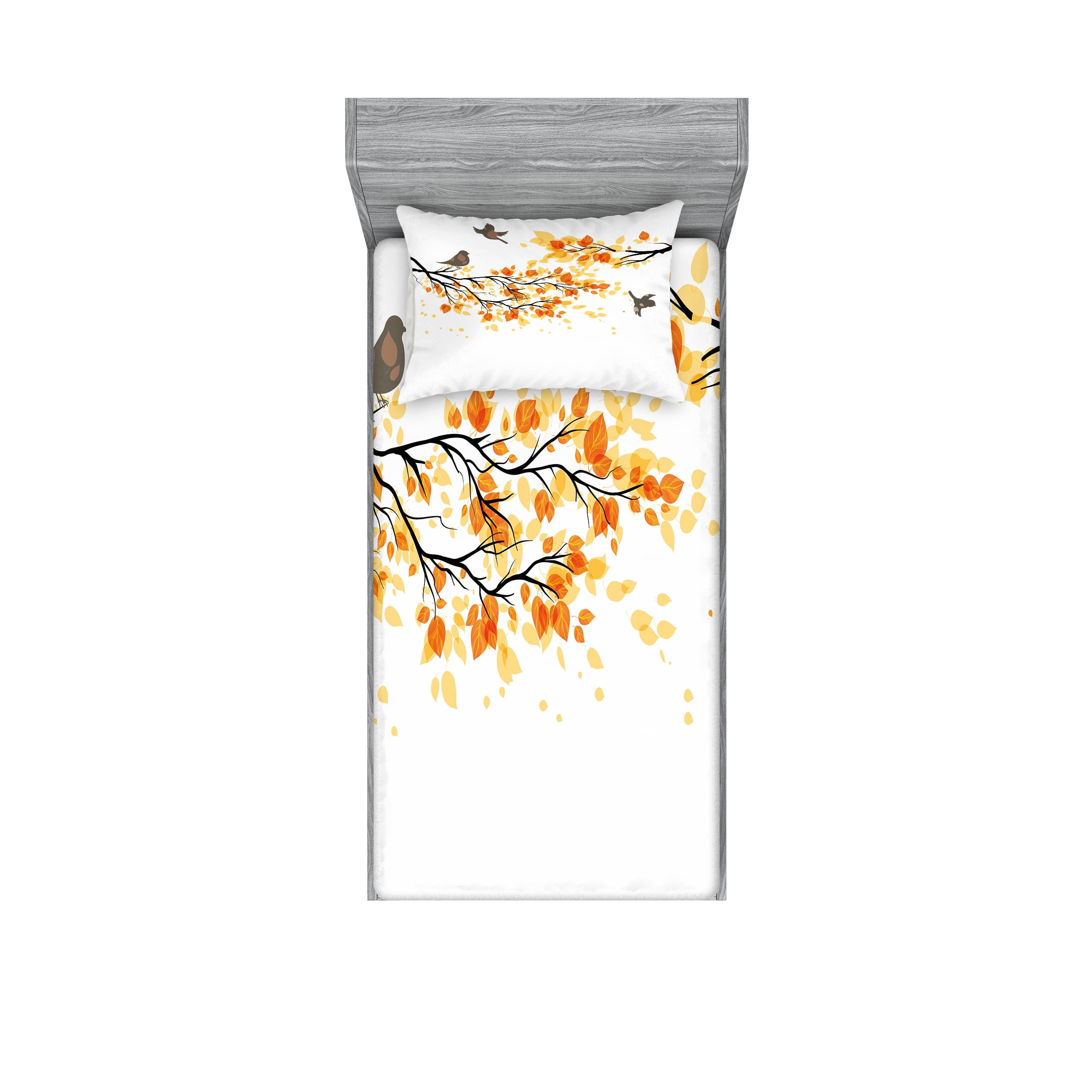 Twin White and Yellow Microfiber Bedding Set with Leaf Print